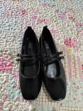 RACHEL Rachel Roy Black Patent Double-Strap Square-Toe Flats